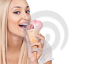 Happy woman eating ice cream