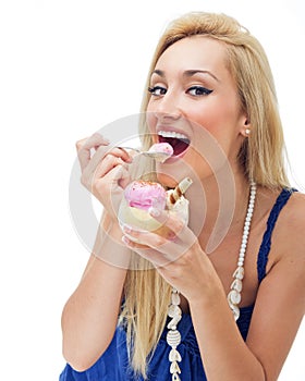 Happy woman eating ice cream