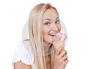 Happy woman eating ice cream