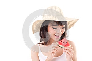 Happy woman eating watermelon, summer time