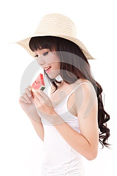 Happy woman eating watermelon, summer time