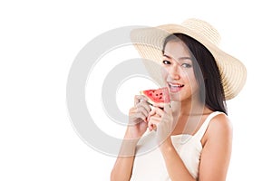 Happy woman eating watermelon, summer time concept