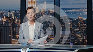 Happy woman ending news evening tv studio closeup. Lady announcer leaving stage