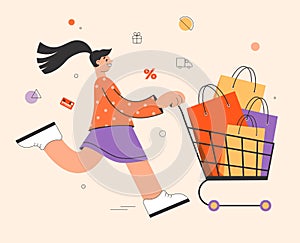 Happy woman enjoying shopping. Flat design illustration