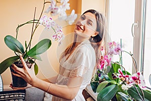 Happy woman enjoys blooming white orchid holding pot. Girl gardener taking care of home plants and flowers.