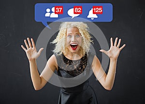 Happy woman excited about notifications on social media