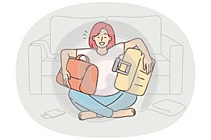 Happy woman excited packing suitcases for holiday