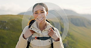 Happy woman, face and backpack with mountain in nature for hiking, adventure or outdoor journey. Portrait of female