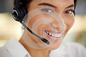 Happy, woman and face with microphone at call centre in closeup for telemarketing, customer service and communication