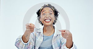 Happy, woman face and no finger in studio for bad, humor or inappropriate joke on white background. Funny, portrait and