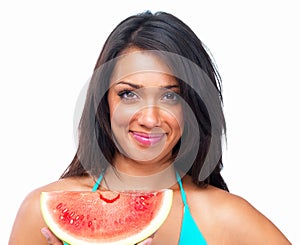 Happy woman, face and portrait with watermelon for healthy nutrition against a white studio background. Isolated young