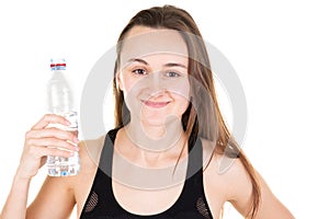 Happy woman Female athlete girl drinking posing with bottle water