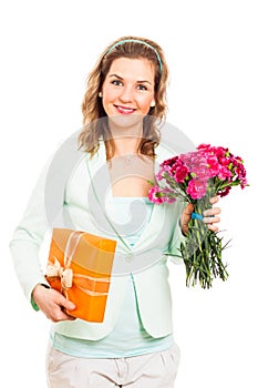 Happy woman with flower and gift