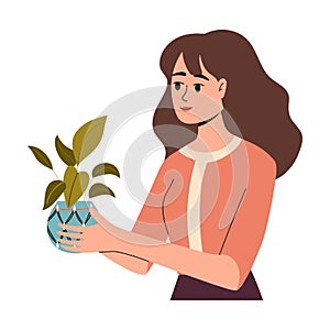 Happy woman with a flower pot in her hands. Urban gardening. Vector illustration.