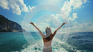 Happy Woman, freedom, calmness sea, relax summer nature, ocean, AI generated