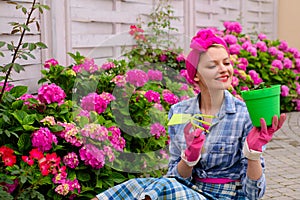 Happy woman gardener with flowers. Flower care and watering. soils and fertilizers. Greenhouse flowers. woman care of