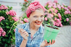 Happy woman gardener with flowers. woman care of flowers in garden. Flower care and watering. soils and fertilizers