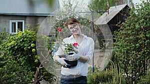 Happy woman gardener holding flowers smiling at camera while working in her garden in spring