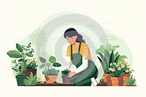 A Happy Woman Gardening in a Cozy Home Greenhouse, Holding a Leaf, Surrounded by Beautiful Floral Growth and a Greenery