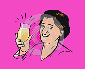 Happy woman with a glass of champagne. Vector illustration in pop art retro comic style