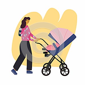 Happy woman goes for a walk with baby and stroller. Mother with backpack walking with child. Maternity concept, abstract backgrnd