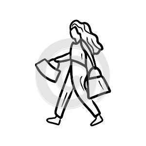 Happy woman is going from shopping with bags and packages and gifts. Hand drawn vector sketch illustration in doodle engraved line