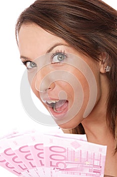 Happy woman with group of euro bills Isolated.