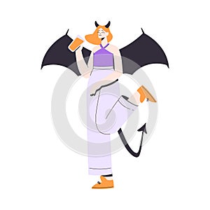 Happy Woman at Halloween Party Standing in Devil Costume with Horns on Head Vector Illustration