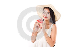 happy woman hand holding watermelon, summer time concept, looking and smiling to you