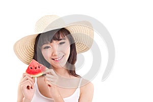 Happy woman hand holding watermelon, summer time concept