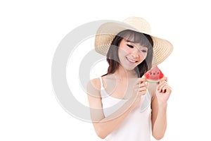 Happy woman hand holding watermelon, summer time concept