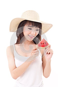 Happy woman hand holding watermelon, summer time concept