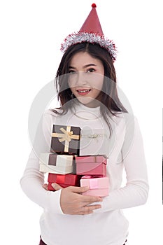 Happy woman with hat and holding a christmas gift box isolated o