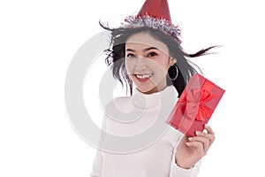 happy woman with hat and holding a red christmas gift box isolated on a white background