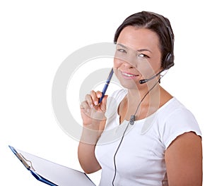 Happy Woman with Headset Working at Callcenter Hold Clipboard