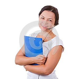 Happy Woman with Headset Working at Callcenter Hold Clipboard