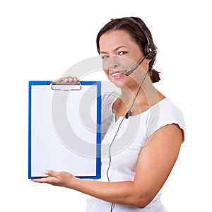 Happy Woman with Headset Working at Callcenter Hold Clipboard it