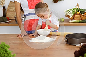 Happy woman and her daughter are kneading the dough and baking cookies for a delicious family feasting. Christmas, New