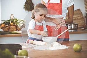 Happy woman and her daughter are kneading the dough and baking cookies for a delicious family feasting. Christmas, New