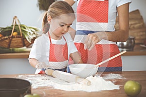 Happy woman and her daughter are kneading the dough and baking cookies for a delicious family feasting. Christmas, New