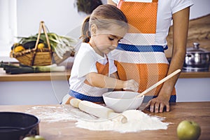 Happy woman and her daughter are kneading the dough and baking cookies for a delicious family feasting. Christmas, New