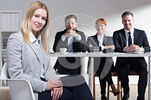 Happy woman hired in corporation