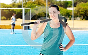 Happy woman, hockey stick and portrait of a sport player on outdoor field. Athlete person, smile and and sun with a