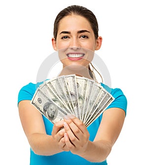 Happy Woman Holding Fanned Us Paper Currency