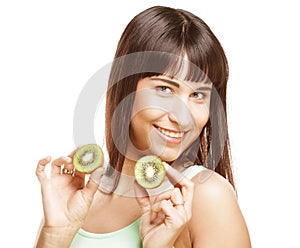 Happy woman holding kiwi