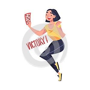 Happy Woman Holding Lottery Ticket Rejoicing at Victory Vector Illustration