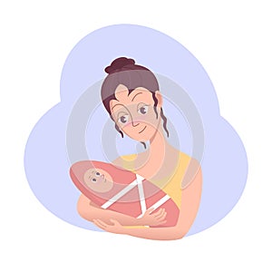 Happy Woman holding a newborn baby GIRL in her arms. Vector cartoon illustration in flat style