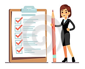 Happy woman holding pencil at giant schedule checklist with tick marks. Business organization and achievements of goals