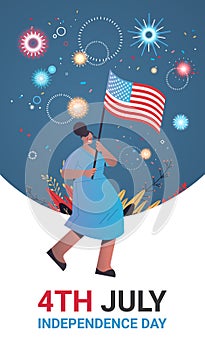 Happy woman holding united states flag celebrating american independence day holiday 4th of july banner