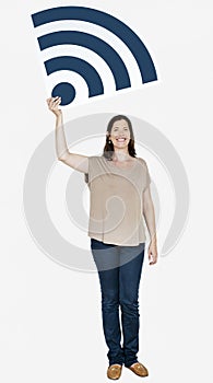 Happy woman holding wifi icon